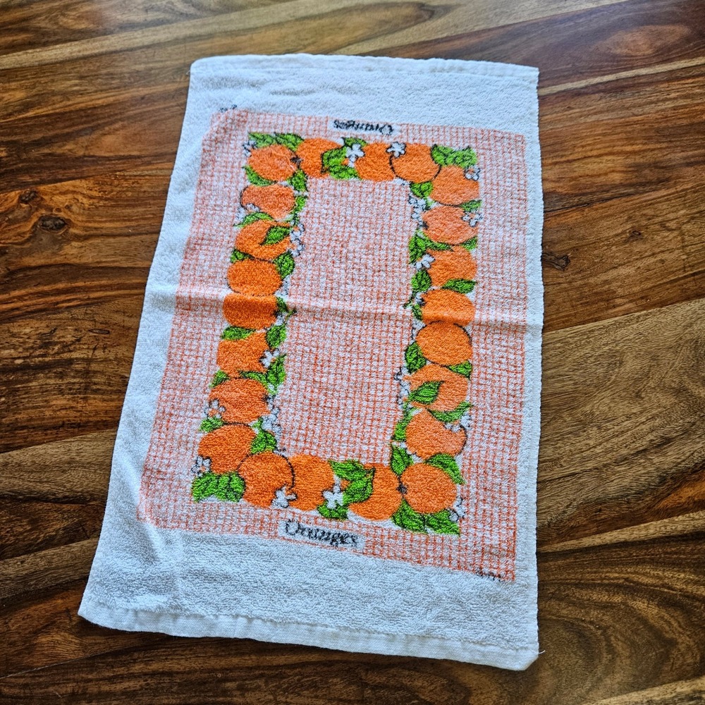 Vtg 70s 80s Orange Fruit Blossom White Cotton Hand Towel Retro Kitchen Bathroom